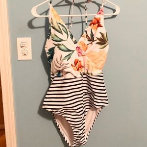 Striped & floral one-piece swimsuit